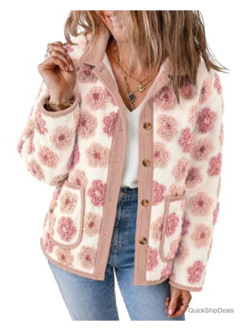 Floral Sherpa Fleece Jacket Corduroy Button Down Coat